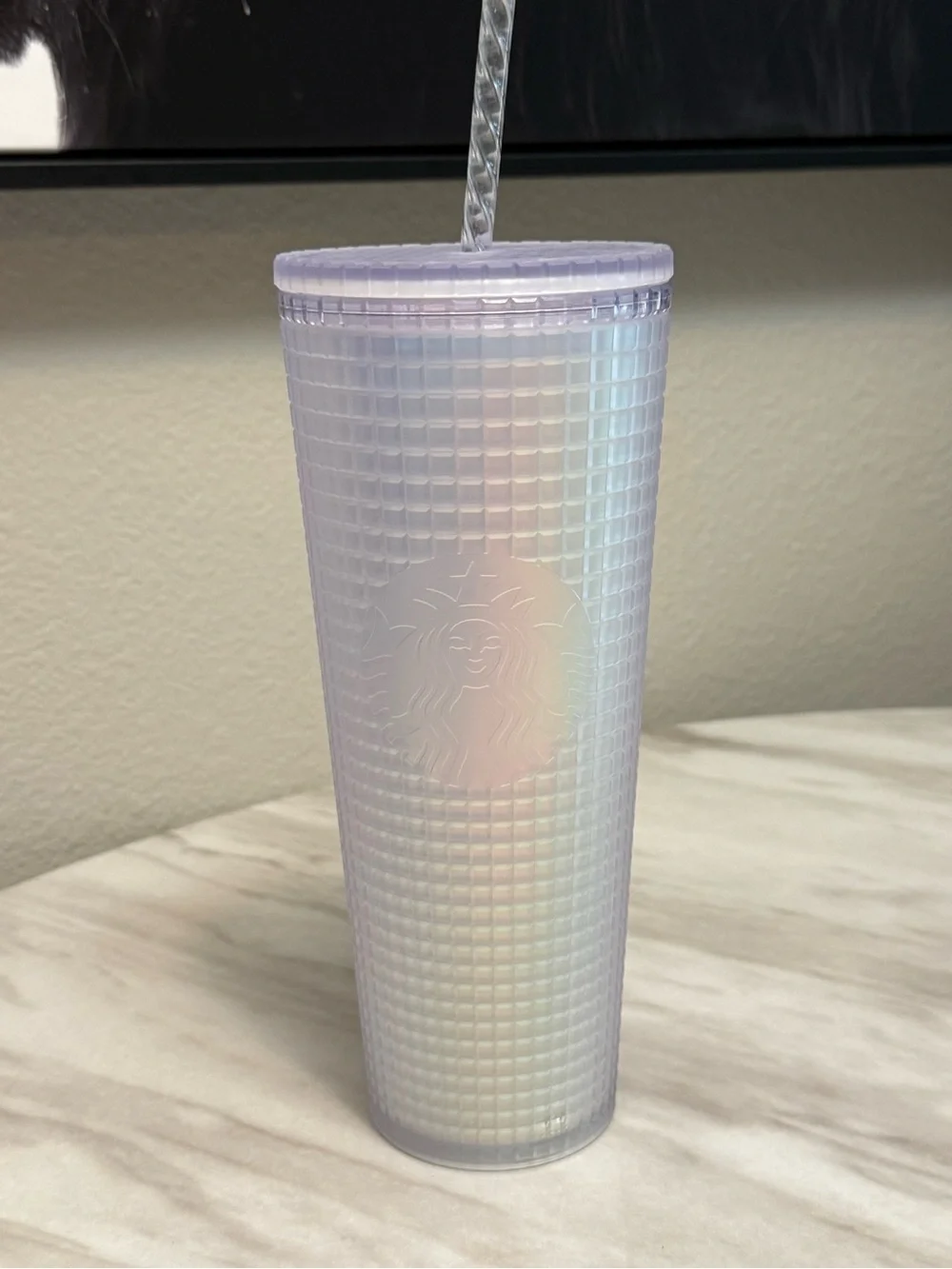 Starbucks Spring 2022 Soft Touch Iridescent Frost White Grid Tumbler in a 24 oz